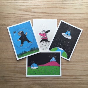 Postcard Set of 4, Art work by Niels Huizer, About Bubble life, Social Distancing, Isolation, Cuddle desire, Corona Virus