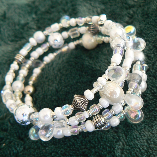 White, Silver, and Irridescent Teardrop Wrap Bracelet on Silver Memory Wire (2.5 inch diameter) "Ice Princess"