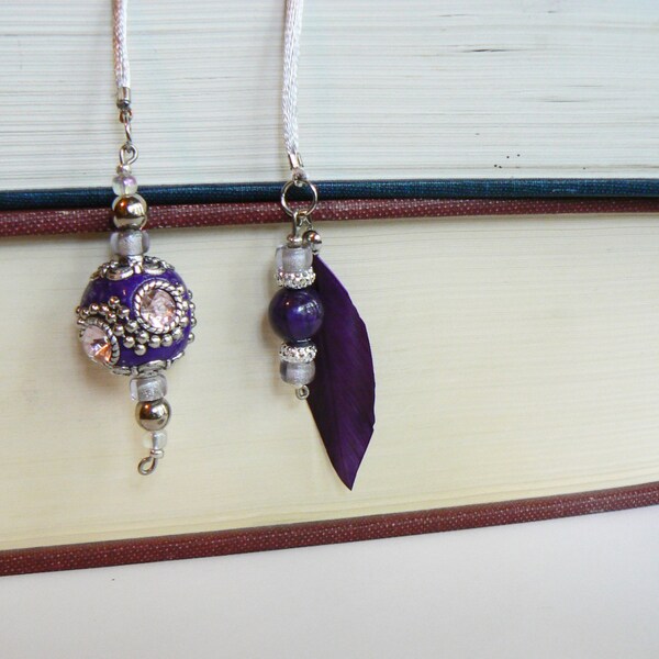 Purple & Silver Beaded Bookmark on 10-inch Silver silky cord with Purple Feather Tassel.