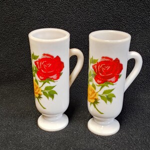 VINTAGE 1960&quot;s Avon White MILK GLASS Red & Yellow Roses Espresso Cups Coffee Mugs Handled Vase (Set of 2)