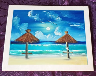 Hand Painted Tile Lamosa Mexico Artist Signed Tiki Huts On The Beach