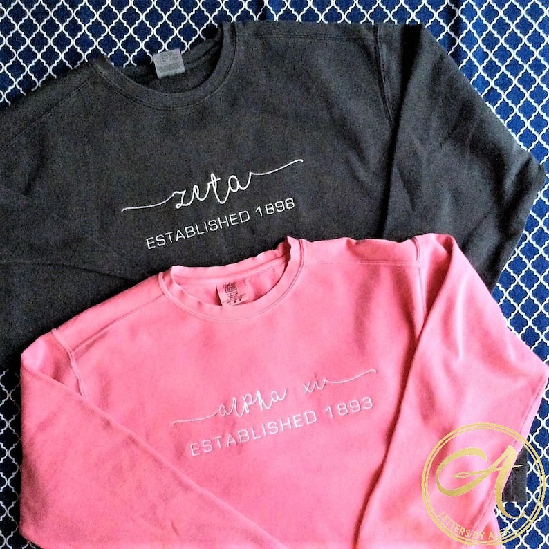 Custom | Calligraphy | Sorority | Greek | University | Gildan or Comfort Colors | Sweatshirt | Crew Neck | 12 Letter Max Embroidery Custom | Calligraphy | Sorority | Greek | University | Gildan or Comfort Colors | Sweatshirt | Crew Neck | 12 Letter Max Embroidery