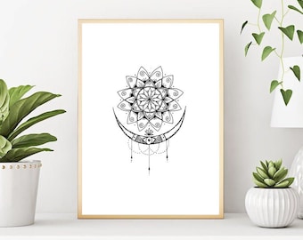 Mandala Mond Illustration, digitaler Download, von Hand gezeichnet Mandala Kunst, Yoga Wand Poster