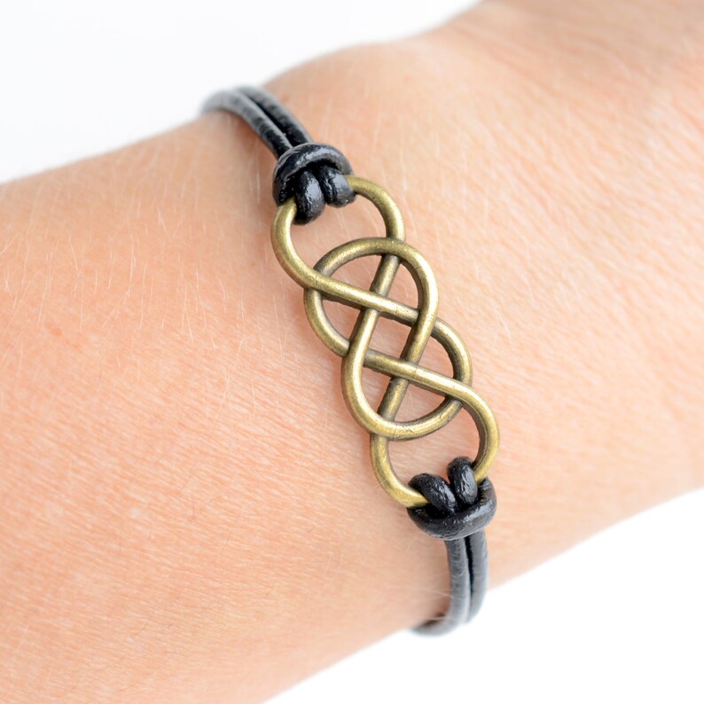 bohemian jewelry unisex jewelry double infinity charm bracelet Celtic knot leather bracelet antiqued brass boho bracelet leather cord