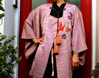 Vintage Silk Kimono Haori Jacket, Pink Gray Wave Embossed, UK 8-12