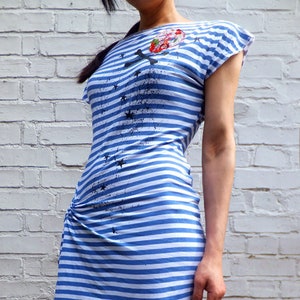 Cotton Jersey Stripe Dress with Japanese Kimono Skull Applique, hand paint