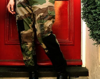 Customised French Military Camouflage Trousers + Black Patches & Stencil Typography Only Trousers Listing