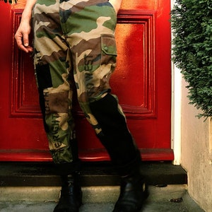 Customised French Military Camouflage Trousers + Black Patches & Stencil Typography Only Trousers Listing