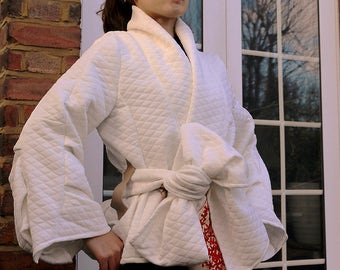 White Quilting Japanese Kimono Style Jacket --- Special Version Sash Belt