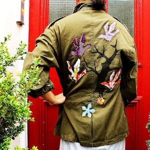 Vintage Military Jacket, Kimono Bird Applique & Hand-painted Tree