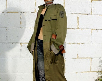 Custom Austrian Military Coat, Leather Belted Stand Collar, Wing Patch