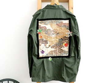 Customised Military Jacket with Vintage Japanese Obi, Bird Applique -- Size M for Men