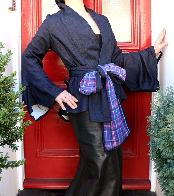 Japanese Kimono Style Jacket Navy Stretchy Denim Jersey Jacket With Special Reversible Version blue purple Plaid Sash Belt Etsy