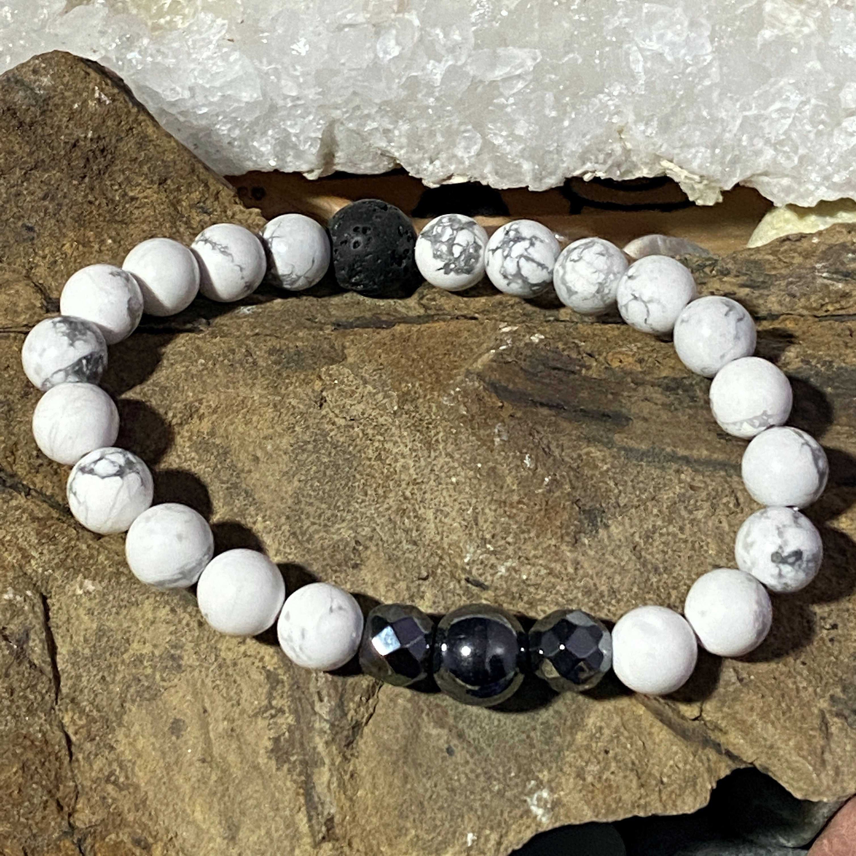 Howlite Bracelet With Lava and Hematite 8mm Beaded Gemstone Bracelet Yoga Bracelet Crown Chacra Bracelet Etsy