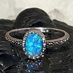 Blue Opal Ring, Solid 925 Sterling Silver with Simulated Lab Opal,  Size 7 US,  Thin band. Stackable Opal and Azure Silver Ring