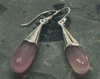 Pink Chalcedony Earring in Sterling Silver, Long elegant Briolette Dangle earring with rose stone, Long par shaped Earring