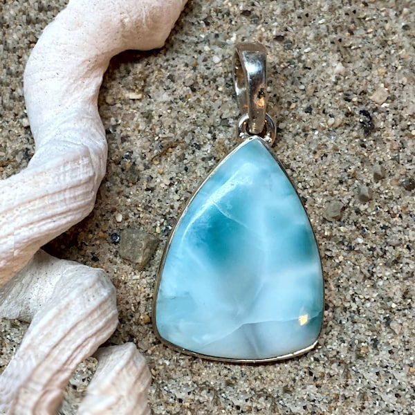 Turtleback Larimar Pendant in Sterling Silver, Larimar Crystal, Larimar Necklace, Dominican Larimar, Sky Blue gemstone Pendant