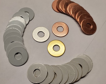 Washers-Choice of sizes, Copper, Brass or Aluminum (5-400) FINISHED EDGES, Ready to Punch, pvc film protection