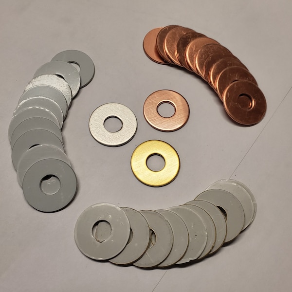 Washers-Choice of sizes, Copper, Brass or Aluminum (5-400) FINISHED EDGES, Ready to Punch, pvc film protection