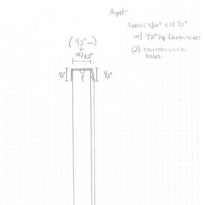 Puede incluir: Un boceto arquitectónico dibujado a mano con medidas en pulgadas. El boceto incluye dimensiones como 7/16" x 18 1/2", un labio de 1/2" en ambos lados y dos agujeros avellanados. También está presente el texto "Ayat".