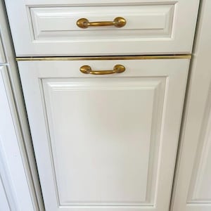 May include: Close-up of white cabinet doors with gold-colored hardware. The cabinet doors have a recessed panel design. The hardware includes two curved handles and a horizontal trim piece, all in a matching gold tone.