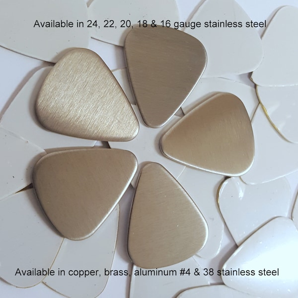 Guitar picks Stainless FINISHED EDGES (10-400) 24, 22, 20, 18 or 16 gauge #4 (brushed) stainless steel w/pvc film Engraving or Hand Stamping