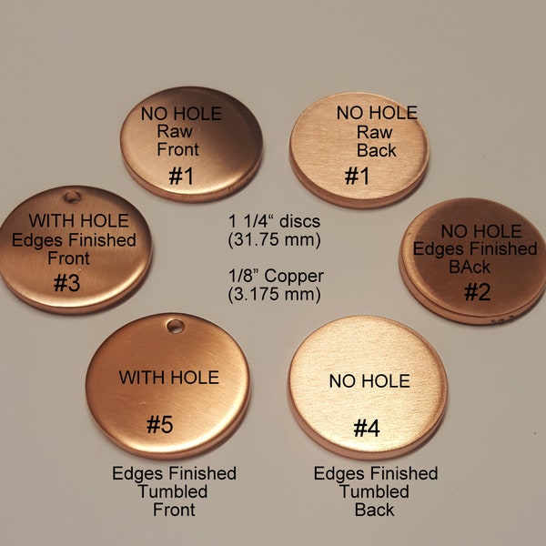 Copper 1/8" thick discs, 3/4" to 2" (5-400) RAW/FINISHED Blanks, Finishing options, Engraving and Hand Stamping Supplies