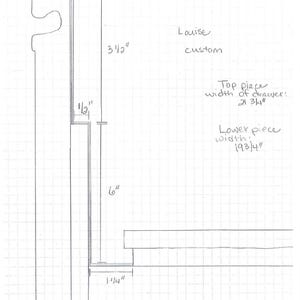 Puede incluir: Un plano dibujado a mano con medidas en pulgadas. El texto dice "Louise custom". El ancho de la pieza superior es de 55,2 cm y el ancho de la pieza inferior es de 49,5 cm. La altura vertical es de 8,9 cm y la longitud horizontal es de 15,2 cm.