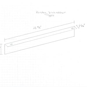 Könnte beinhalten: Eine handgezeichnete Skizze eines Geschirrspüler-Aufsatzes. Der Aufsatz ist 60.0 cm lang, 6.0 cm hoch und 2.7 cm breit. Der Text "Kristen Dishwasher Topper" ist oben geschrieben.