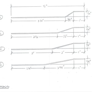 May include: Hand-drawn diagram of four design options. Option A is 5 inches long, with a 3 3/4 inch section and a 1 inch section. Option B is 2 1/2 inches long. Option C is 2 inches long. Option D is 1 3/4 inches long.