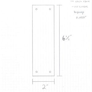 Puede incluir: Un diagrama dibujado a mano de una placa de metal rectangular con cuatro agujeros. La placa mide 5,08 cm de ancho y 16,51 cm de largo. El texto indica agujeros de 9/64", calibre 16 y 0,050" de grosor. No se utilizan tornillos.