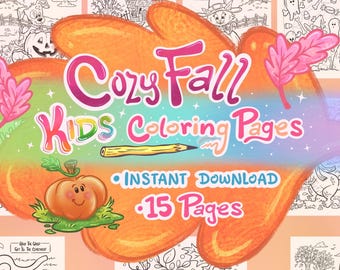 May include: A collection of 15 printable coloring pages featuring fall and Halloween themes, including I Spy games, mazes, and pumpkin illustrations. The central graphic displays the text Cozy Fall Kids Coloring Pages.