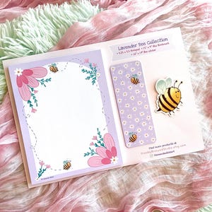 Lavender Bee Floral Notepad Set, Hand-Drawn Stationery Bundle with Bookmark & Sticker