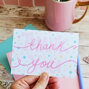 Handmade Confetti Pastel Thank You Card set of 10, Whimsical Polka Dot Appreciation, Cursive Script Note Card set