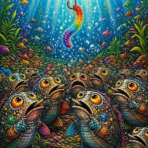 May include: A vibrant, psychedelic underwater scene. A rainbow-colored worm is suspended from a fishing hook, surrounded by curious, cartoonish fish with large, expressive eyes. The background features aquatic plants and other fish.