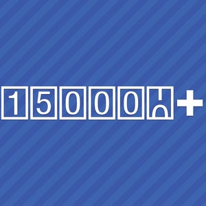 May include: White digital counter with the number 15000+ displayed on a blue background with diagonal white stripes.