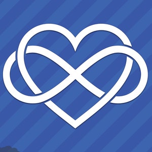 Peut inclure: Symbole d'infini blanc entrelacé avec un cœur. Le motif est sur un fond bleu avec des rayures diagonales blanches.