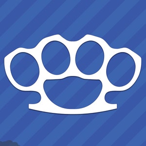 May include: White brass knuckles sticker on a blue background with diagonal stripes. The sticker has a clean, minimalist design, perfect for adding a bold statement to any surface. The text "BAYSIDE STICKERS" is at the bottom.