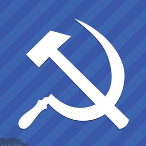May include: A white hammer and sickle symbol on a blue and white striped background.