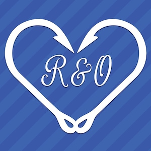 May include: White heart-shaped design with two fishing hooks forming the heart shape. The initials "R & O" are in the center of the heart.