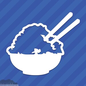 May include: White silhouette of a bowl of rice with chopsticks on a blue striped background.