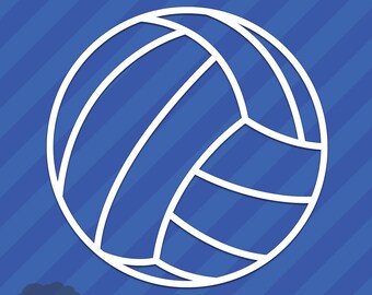 May include: White outline of a volleyball on a blue striped background.