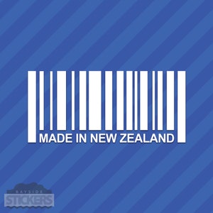 Könnte beinhalten: Weißer Barcode-Aufkleber mit dem Text "MADE IN NEW ZEALAND".
