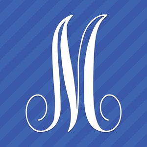 May include: White monogram letter M with decorative flourishes on a blue and white striped background.