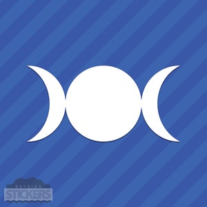 May include: White triple moon symbol, a Wiccan symbol representing the phases of the moon, on a blue background.