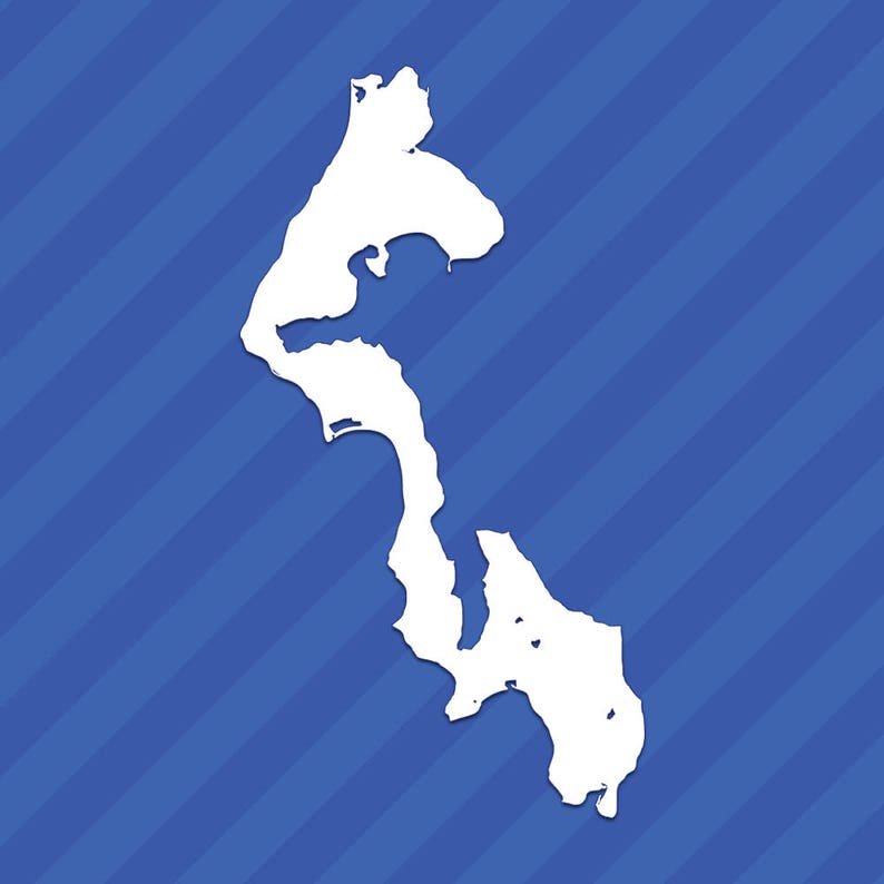 May include: A white outline of a lake on a blue striped background.