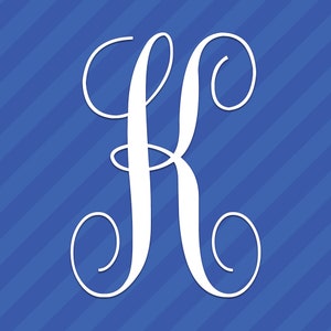 May include: A white cursive letter K on a blue and white striped background.