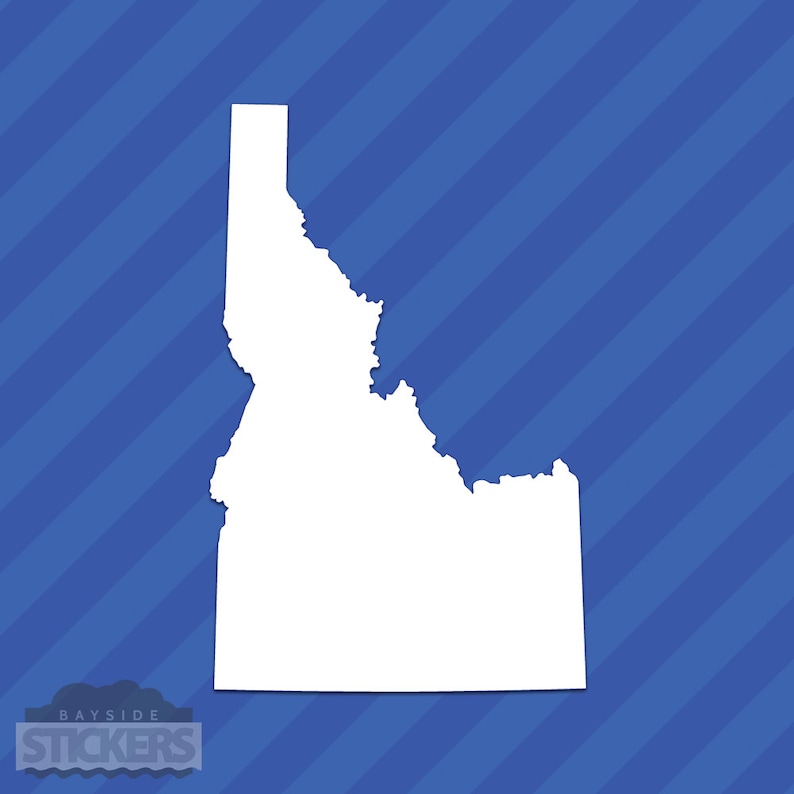 May include: A white outline of the state of Idaho on a blue background with diagonal stripes.
