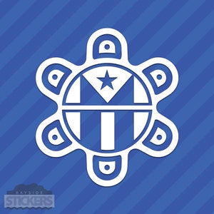 May include: White vinyl sticker of a stylized star with a circle around it, representing the Cuban flag. The star is in the center of the circle, and the circle is surrounded by five smaller circles.
