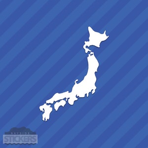 May include: White silhouette of the map of Japan on a blue background with diagonal white stripes.